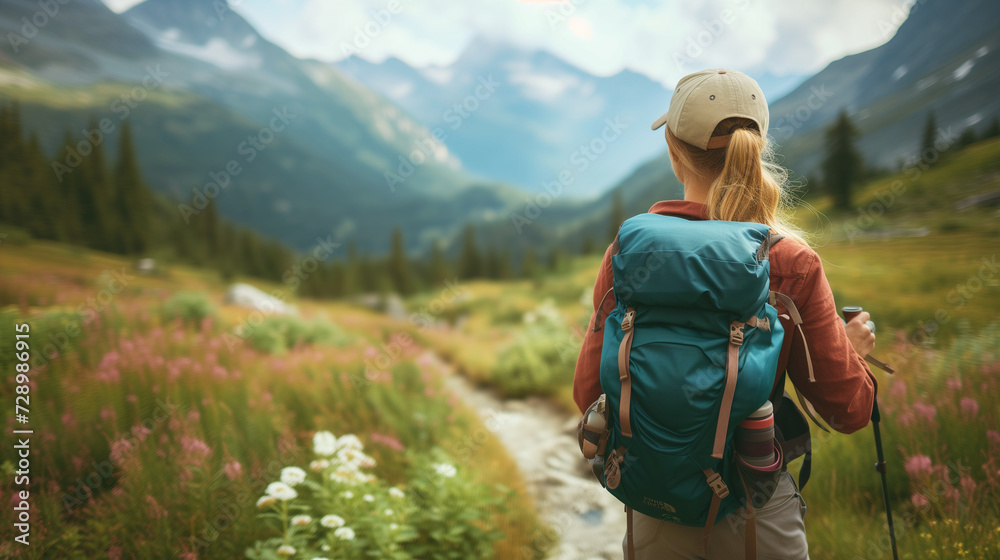 Young woman with backpack and other gear on an epic hike through the mountains