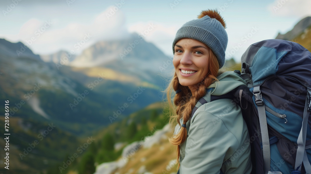 Young woman with backpack and other gear on an epic hike through the mountains