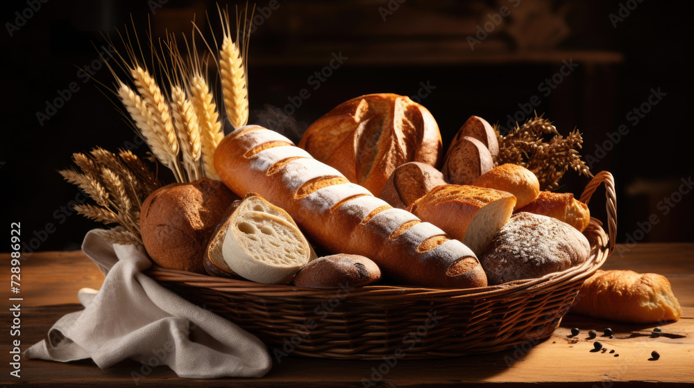 A basket of assorted artisan bread with a selection of spreads