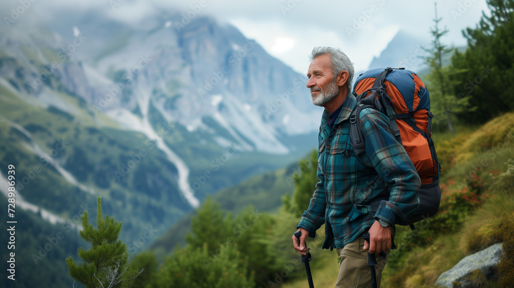 Naklejka premium Older Senior Man Enjoying Epic Outdoor Hike in the Moutains