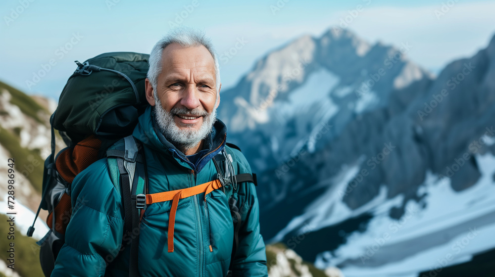 Older Senior Man Enjoying Epic Outdoor Hike in the Moutains