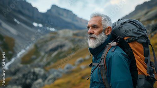 Older Senior Man Enjoying Epic Outdoor Hike in the Moutains