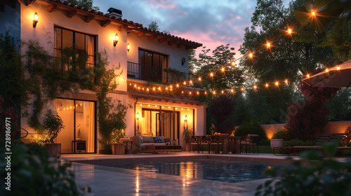 A stucco house exterior illuminated by string lights at twilight, creating a cozy and inviting atmosphere © IBRAHEEM'S AI