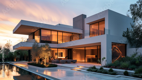 The warm glow of sunset reflecting off the smooth stucco facade of a modern house, with minimalist landscaping