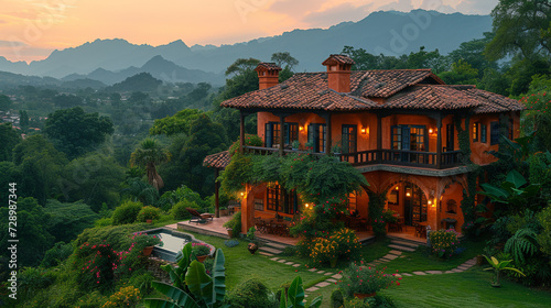 A panoramic view of a stucco house nestled in a lush, green landscape, with mountains in the background at dusk