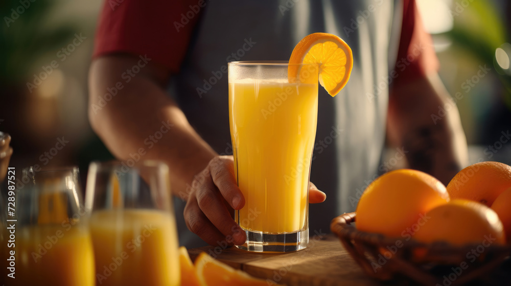 A brunch host serving freshly squeezed orange juice to guests A brunch host serving freshly squeezed orange juice to guests