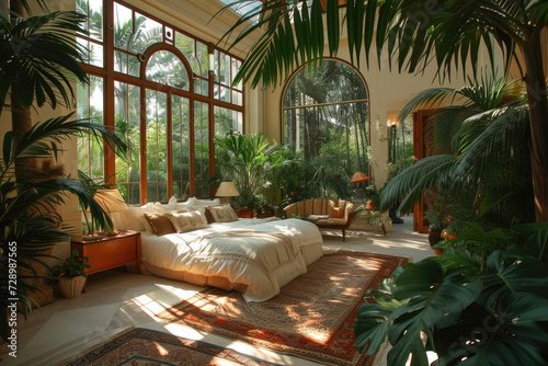a large luxury bedroom design with many plants