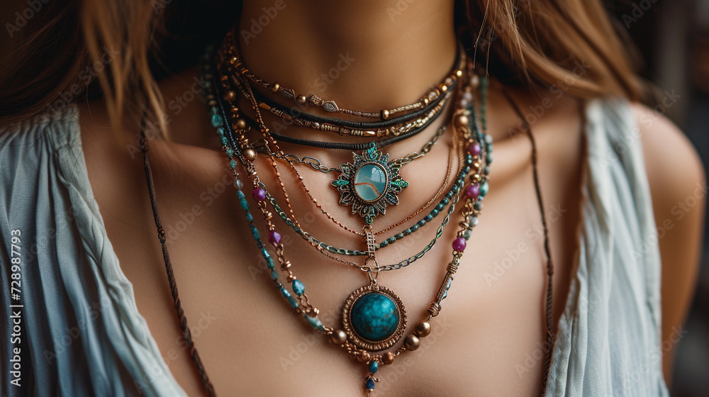 a set of bohemian-inspired layered necklaces that mix textures, colors, and materials for a free-spirited look.