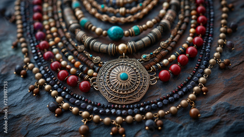 a set of bohemian-inspired layered necklaces that mix textures, colors, and materials for a free-spirited look.