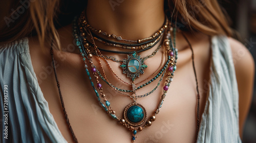 a set of bohemian-inspired layered necklaces that mix textures, colors, and materials for a free-spirited look.