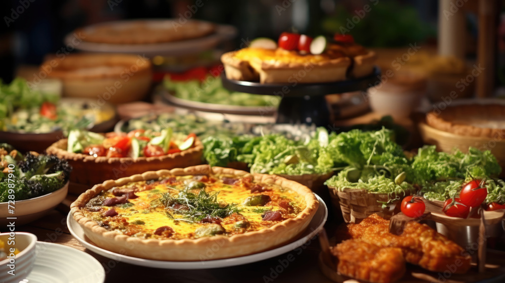 A brunch buffet with a selection of quiches,  salads,  and baked goods
