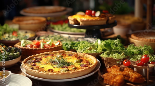 A brunch buffet with a selection of quiches   salads   and baked goods
