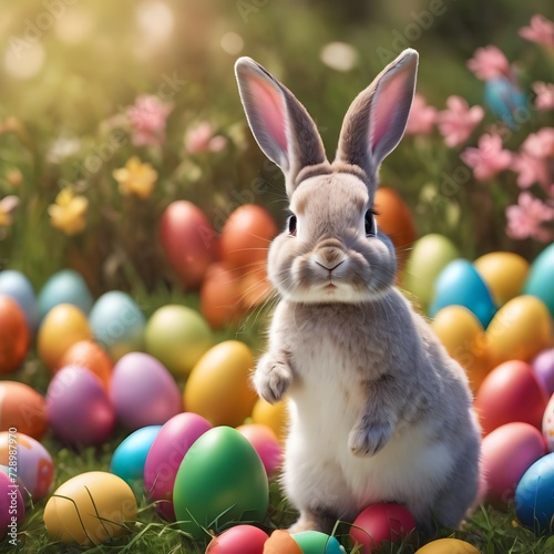 Happy Easter bunny with many colorful easter eggs. Generative AI. © muhammad yaseen