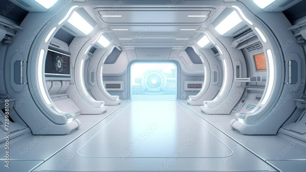 Space station or spaceship scifi style corridor or room. . Ultra modern sci fi space station corridor or white futuristic spaceship. seamless looping overlay 4k virtual video animation background 