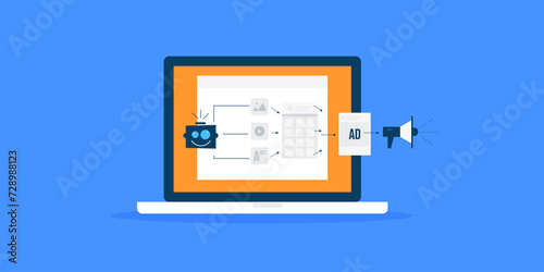 Content creation and social media advertising for e-business using artificial intelligence technology, vector illustration.