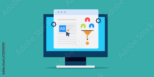 Digital ad optimization increases clicks rate and sales funnel conversion, e-business technology software application vector illustration.