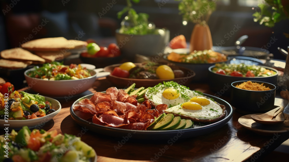A spread of delicious brunch dishes,  including omelets,  bacon,  and avocado toast