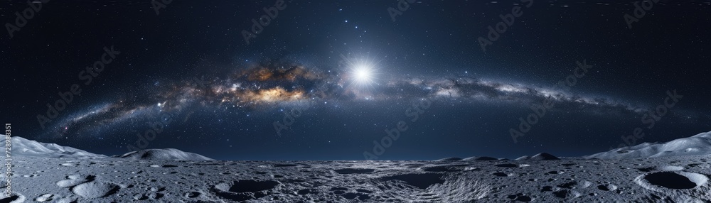 A breathtaking lunar landscape unfolds under a starry night sky.