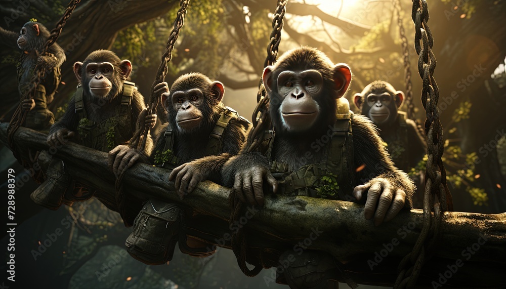 A troop of monkeys swinging through the trees