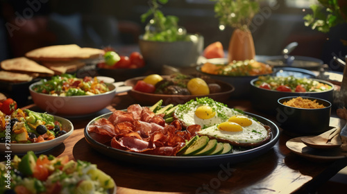 A spread of delicious brunch dishes   including omelets   bacon   and avocado toast