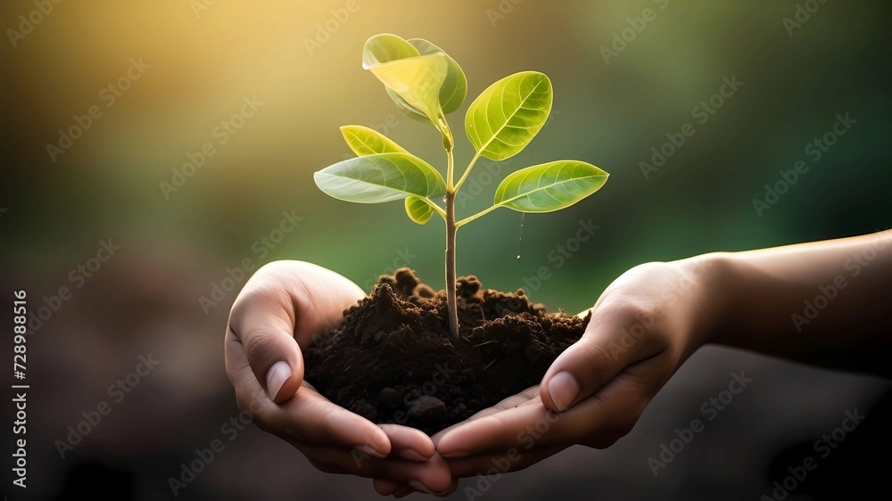 Human hands holding a green plant with soil and sunlight background, Save world concept, Generative AI illustrations. Human hands holding a green plant with soil and sunlight background, Save world concept, Generative AI illustrations.