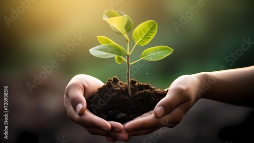 Human hands holding a green plant with soil and sunlight background, Save world concept, Generative AI illustrations.