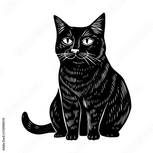 Hand carved block print cat in linocut style, textured silhouette childish vector illustration, isolated on white.
