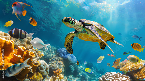 Underwater Scene with Sea Turtle and Tropical Fish. A vibrant underwater landscape showcasing a sea turtle swimming among colorful coral reefs and diverse tropical fish in clear blue water. 