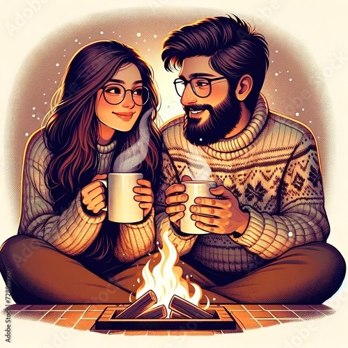 Couple enjoy tea together and spend happy moments in winter