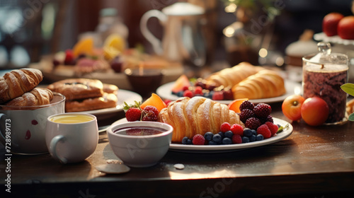 A beautifully set table with a variety of pastries, fruits, and freshly brewed coffee