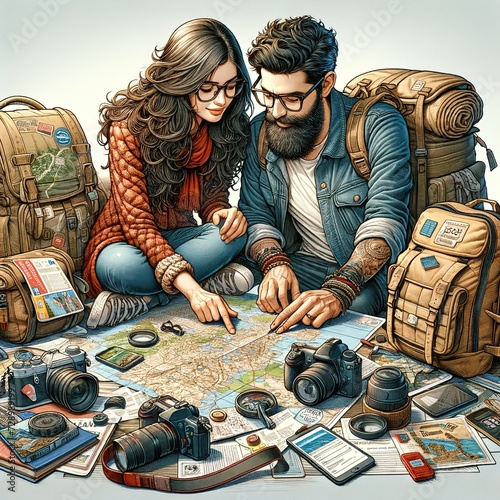 Couple planning for a world tour