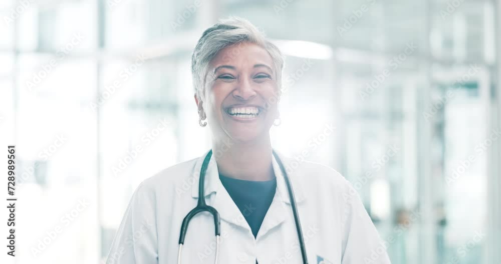 Doctor, happy and hospital in portrait for healthcare, surgery or checkup. Female surgeon, smile and confident in private practice for life insurance, consultation or medical advice at clinic Doctor, happy and hospital in portrait for healthcare, surgery or checkup. Female surgeon, smile and confident in private practice for life insurance, consultation or medical advice at clinic