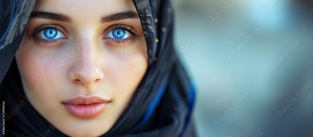 Portrait of a Arab woman in hijab with blue eyes. Traditional clothing. Banner Portrait of a Arab woman in hijab with blue eyes. Traditional clothing. Banner