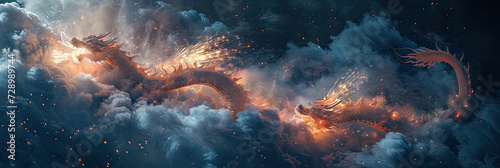 Close up of a dragon flying through the sky with clouds. and fireworks, Suitable for fantasy book covers or mythical creature themed designs.chinese new years photo