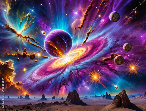 Cosmic Explosion - Unreal celestial scenery with magnetic fields, quasar, and gamma ray burst Gen AI