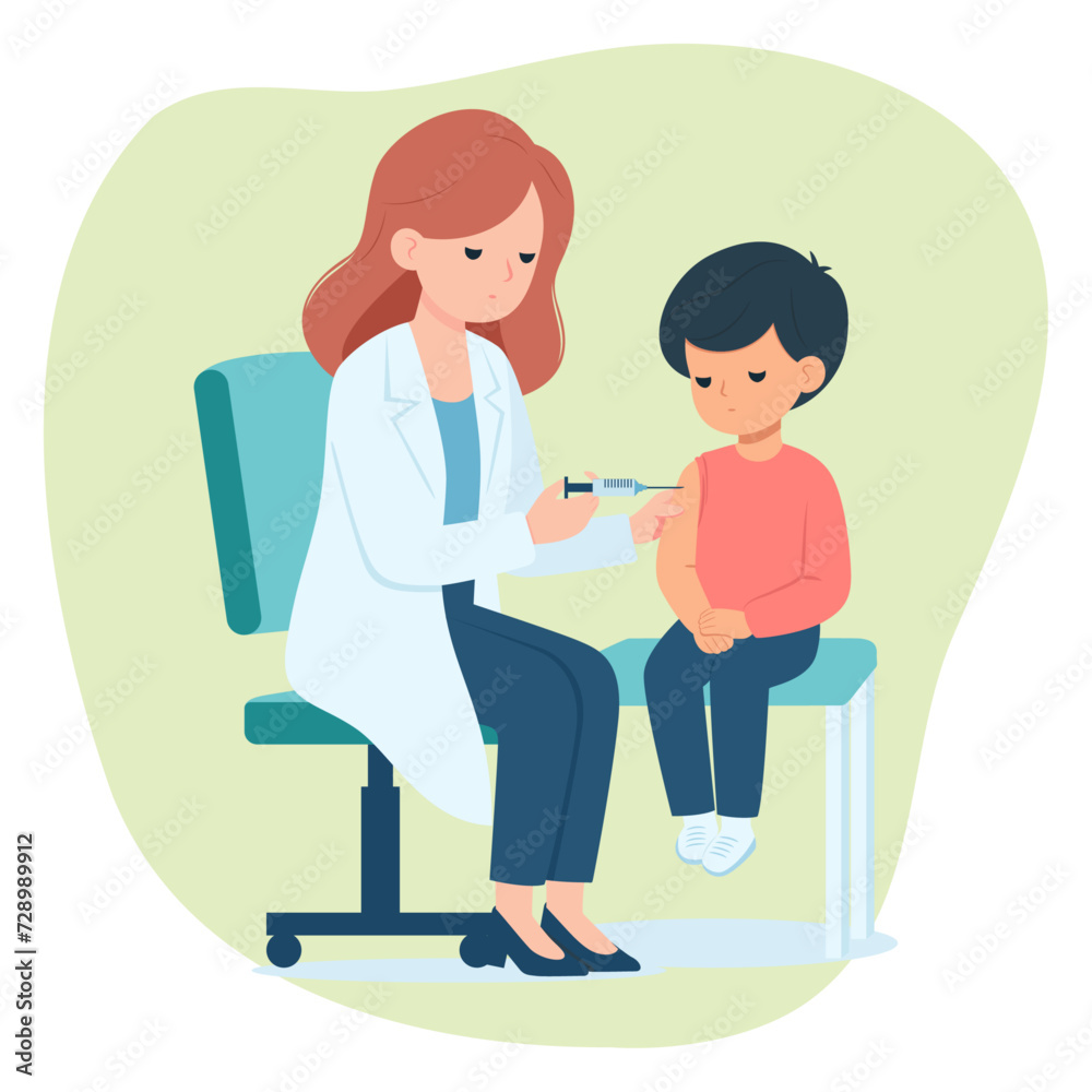 Female Doctor Giving Boy Child Patient an Injection, Cartoon Vector Flat Illustration Female Doctor Giving Boy Child Patient an Injection, Cartoon Vector Flat Illustration