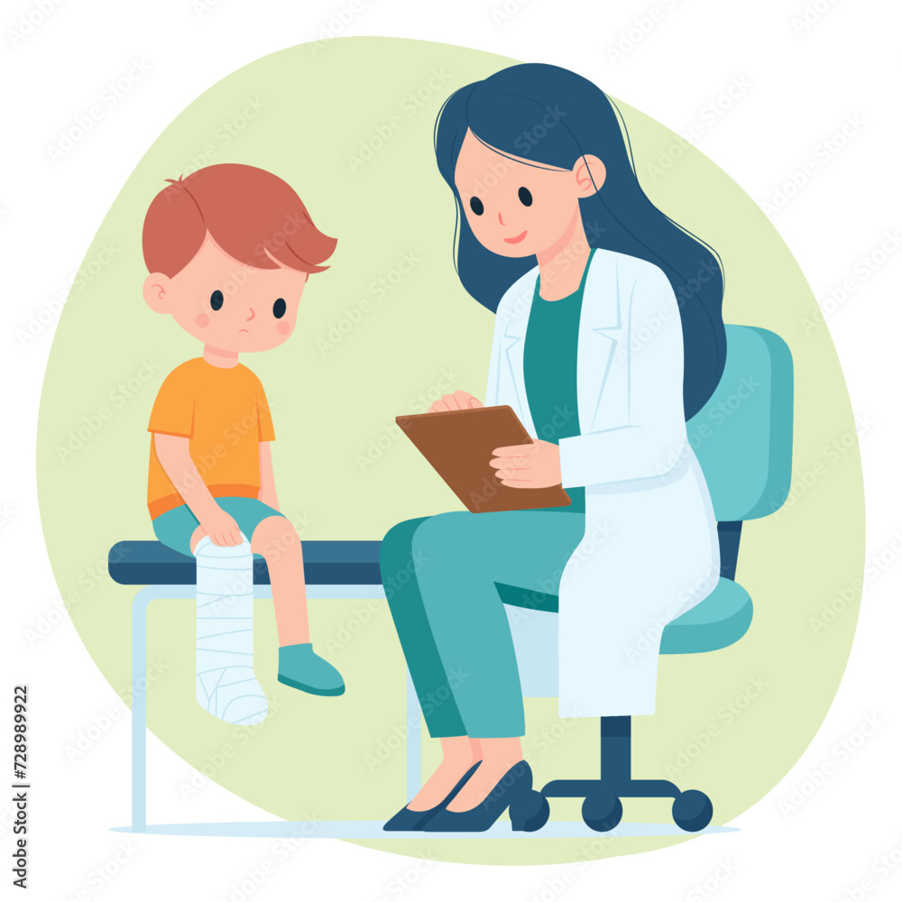 Orthopedic cast of a Little Boy Patient, Doctor Examining Leg Cast of Boy Child Patient, Cartoon Vector Flat Illustration Orthopedic cast of a Little Boy Patient, Doctor Examining Leg Cast of Boy Child Patient, Cartoon Vector Flat Illustration