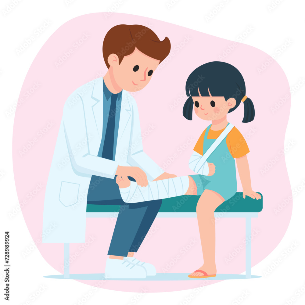 Orthopedic Cast of a Little Girl Patient, Doctor Putting on Plaster Cast to Girl Child Patient, Cartoon Vector Flat Illustration
