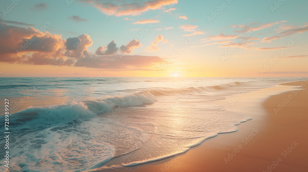 A tranquil beach at sunset, with calm waves gently lapping against the shore and a palette of warm colors in the sky - obrazy, fototapety, plakaty 