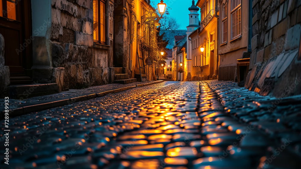 A narrow cobblestone street in an old town, lined with historic buildings and lit by warm street lamps at dusk - obrazy, fototapety, plakaty 