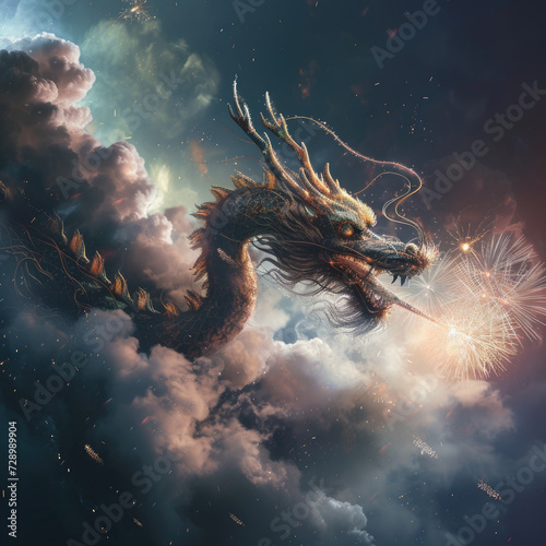 Close up of a dragon flying through the sky with clouds. and fireworks  Suitable for fantasy book covers or mythical creature themed designs.chinese new years