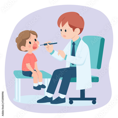 Dentist and Child Patient, Male Dental Doctor Examining Little Boy's Teeth with Dental Mirror, Cartoon Vector Flat Illustration