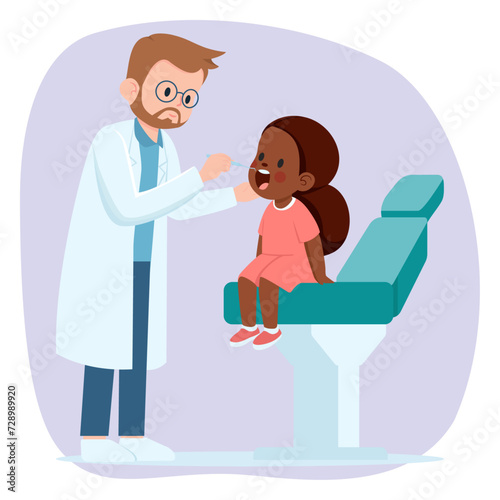 Dentist and Child Patient, Male Dental Doctor Examining Little Black Girl's Teeth with Dental Equipment, Cartoon Vector Flat 