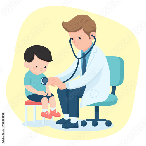 Pediatrician and Child Patient, Male Doctor Examining Little Boy with Stethoscope, Cartoon Vector Flat Illustration