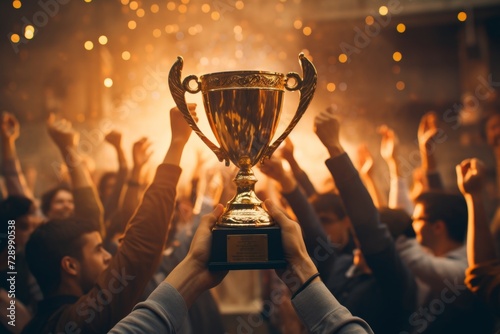 Happy worker team in office holding a golden trophy to celebrate succession of a big project with a sunset light effect background. Generative AI. photo