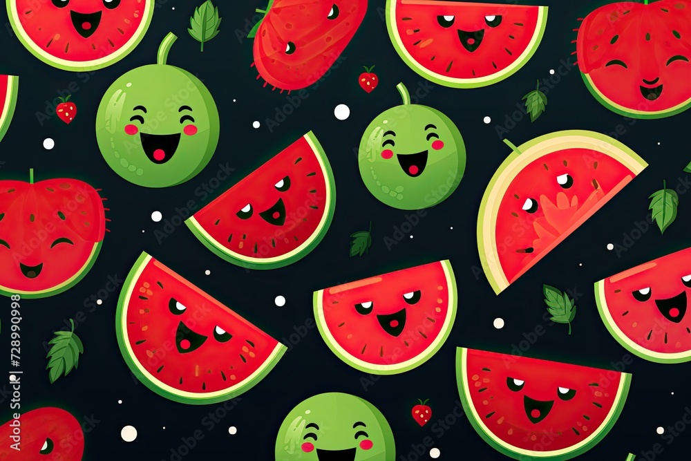 A watermelon pattern with smiling strawberry and watermelon faces A watermelon pattern with smiling strawberry and watermelon faces