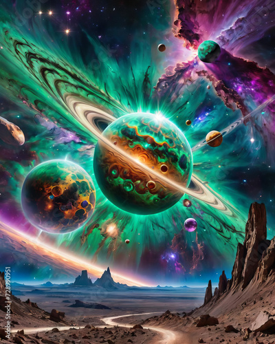 Unreal Cosmic Scenery - Celestial Bodies, Dark Matter, and Cosmic Graffiti Art Gen AI photo