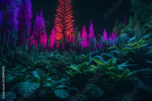 An otherworldly forest filled with luminescent plants and surreal alien flora
