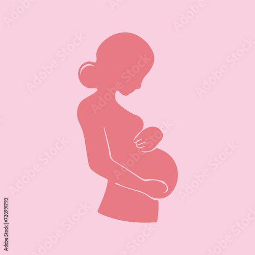 Pregnant woman, future mom, standing, rubbing and hugging belly with hands. Flat vector illustration.