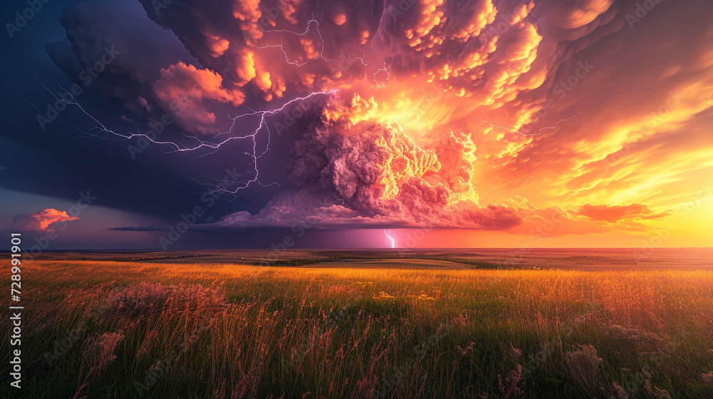 A towering supercell thunderstorm looms over a serene prairie at sunset, lightning branching across the sky - obrazy, fototapety, plakaty 